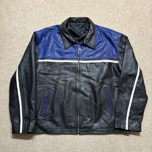 Vtg Leather Motorcycle Jacket Mens XL Black Blue Stripe Biker Zip Pockets Racing